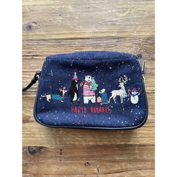 Talbots Wristlet Christmas Animals Embroidered Navy Zip Bag NWOT 90s Y2K SoHo - Picture 1 of 6